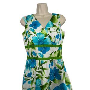 Southern Belle, Blue Floral Cotton Dress, Sleeveless, Jessica Fit & Flare 8US